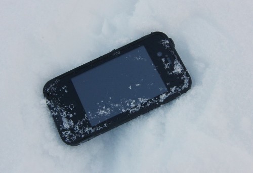 Shane's iPhone in LifeProof case in the snow